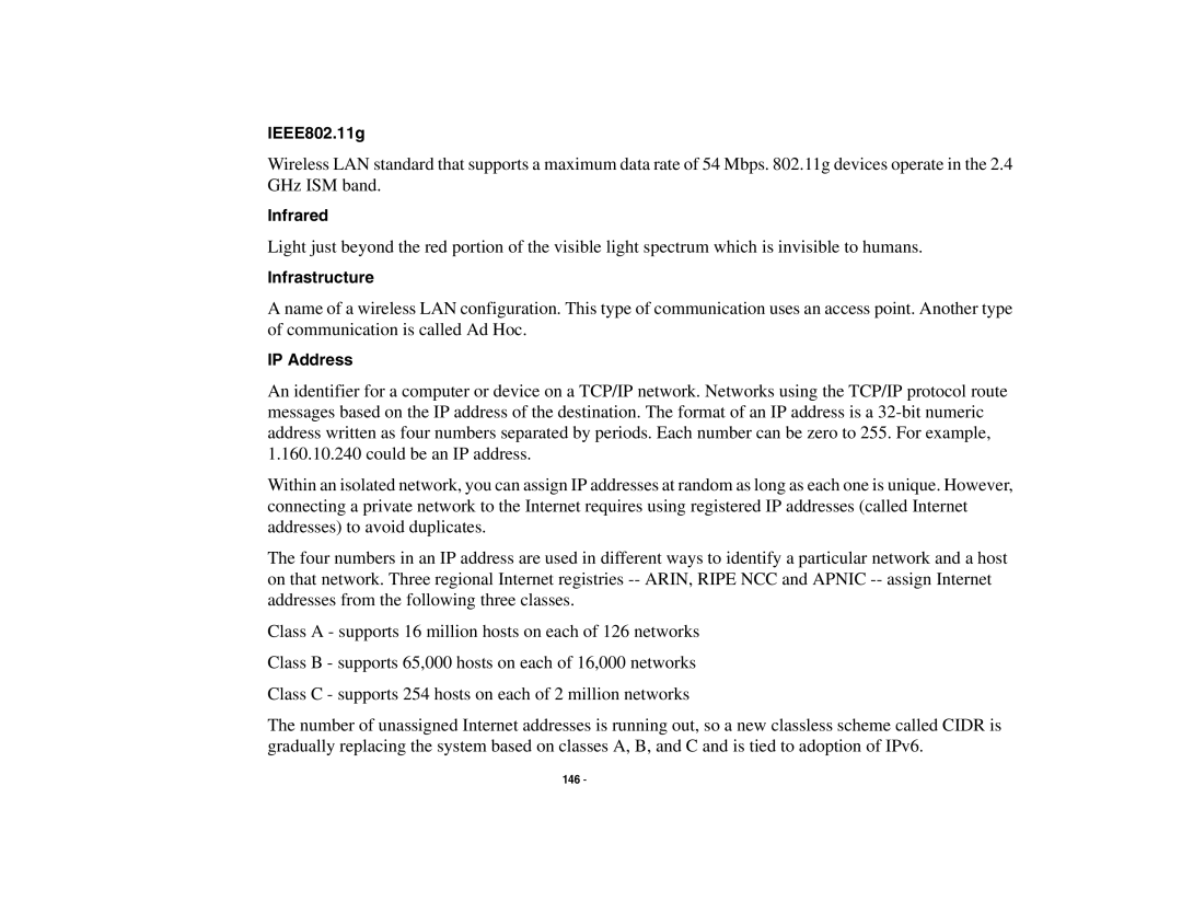 Fujitsu S6510 manual IEEE802.11g, Infrared, Infrastructure, IP Address 