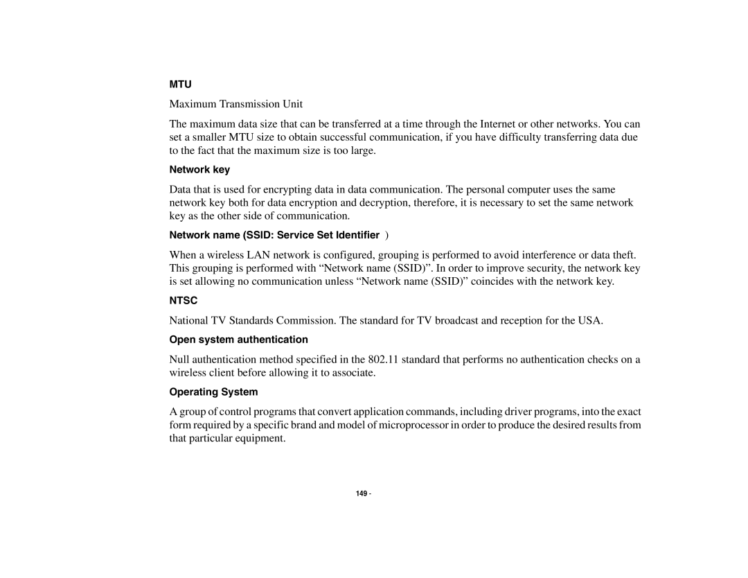 Fujitsu S6510 manual Network key, Network name Ssid Service Set Identifier, Open system authentication, Operating System 