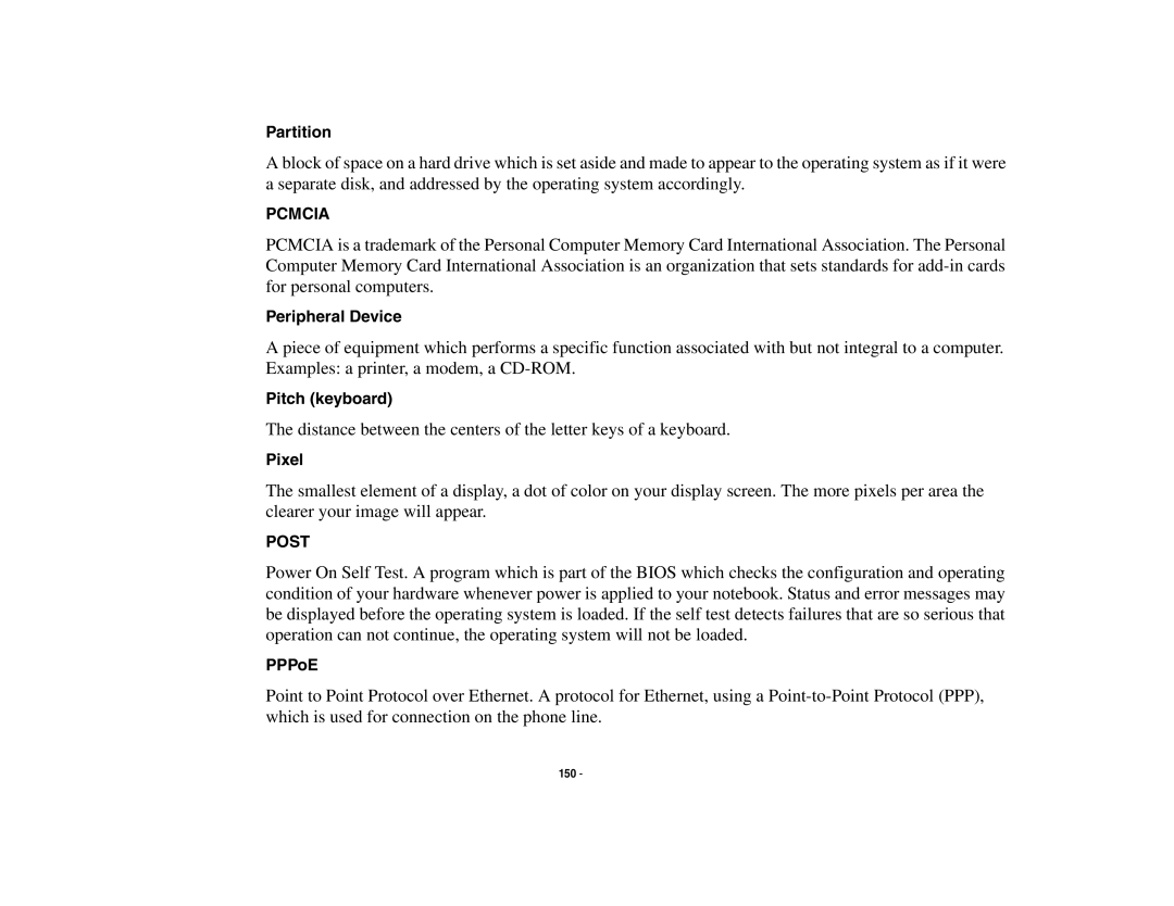 Fujitsu S6510 manual Partition, Peripheral Device, Pitch keyboard, Pixel, PPPoE 