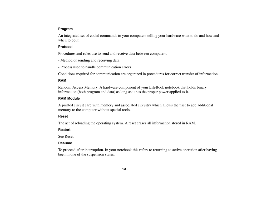 Fujitsu S6510 manual Program, Protocol, RAM Module, Reset, Restart, Resume 