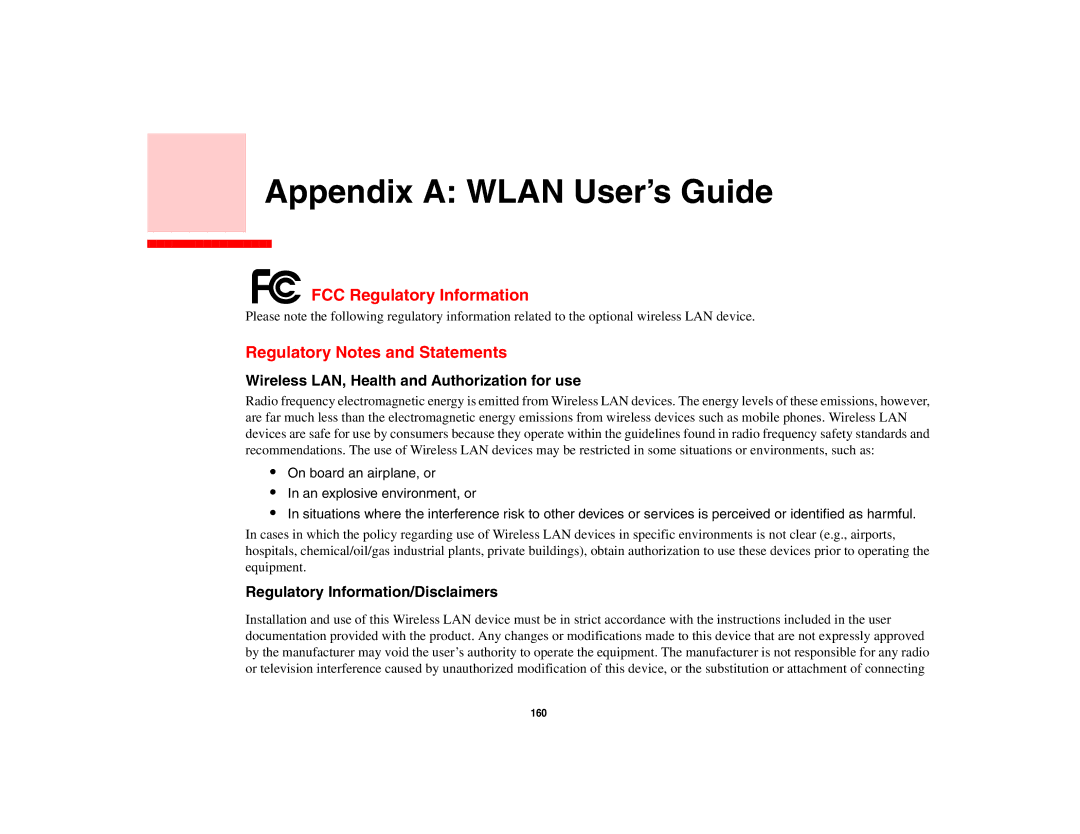 Fujitsu S6510 FCC Regulatory Information, Regulatory Notes and Statements, Wireless LAN, Health and Authorization for use 