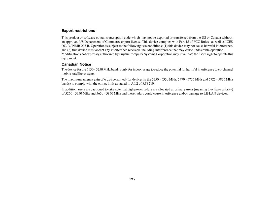 Fujitsu S6510 manual Export restrictions, Canadian Notice 