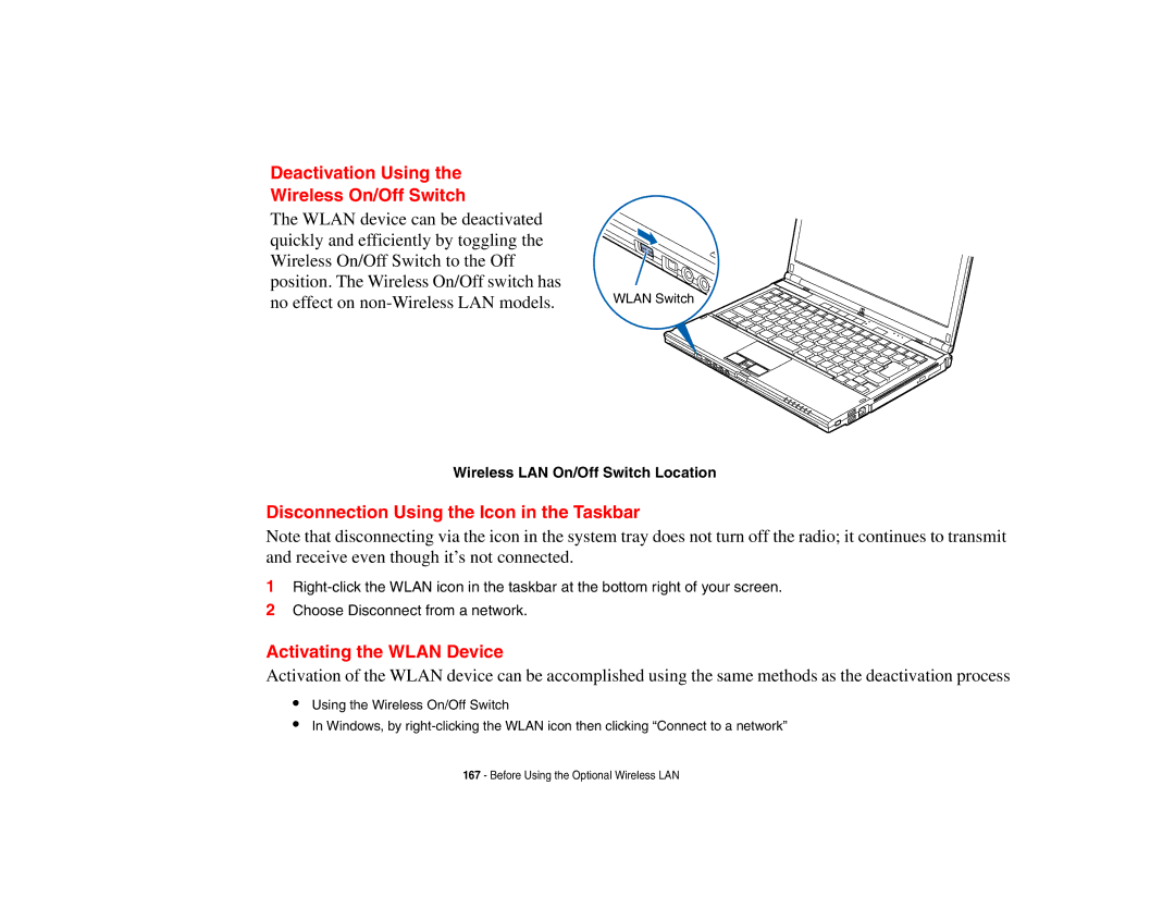 Fujitsu S6510 manual Deactivation Using Wireless On/Off Switch, Disconnection Using the Icon in the Taskbar 