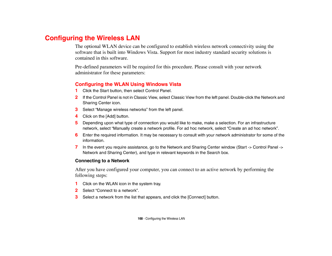 Fujitsu S6510 manual Configuring the Wireless LAN, Configuring the Wlan Using Windows Vista, Connecting to a Network 