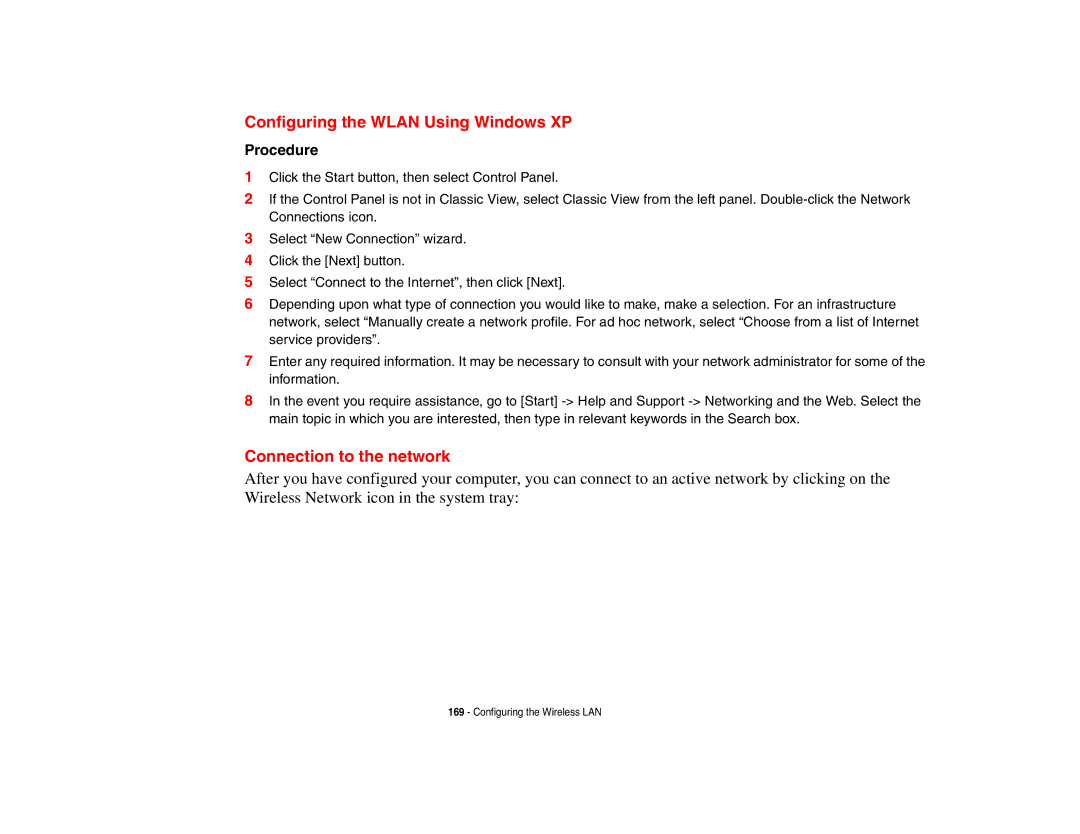 Fujitsu S6510 manual Configuring the Wlan Using Windows XP, Connection to the network, Procedure 