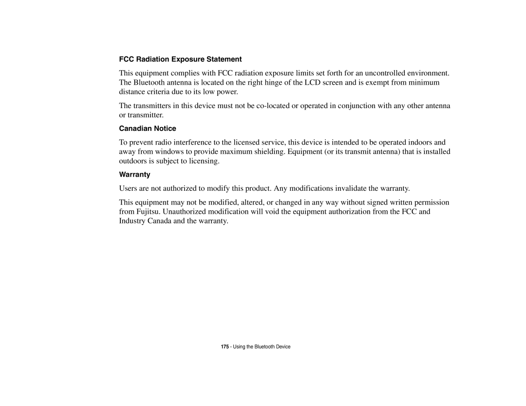 Fujitsu S6510 manual FCC Radiation Exposure Statement, Warranty 