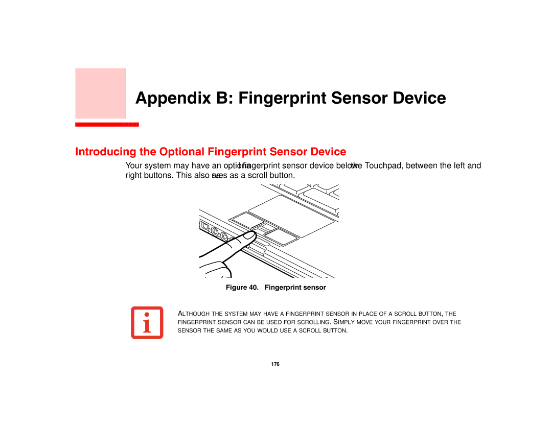 Fujitsu S6510 manual Appendix B Fingerprint Sensor Device, Introducing the Optional Fingerprint Sensor Device 