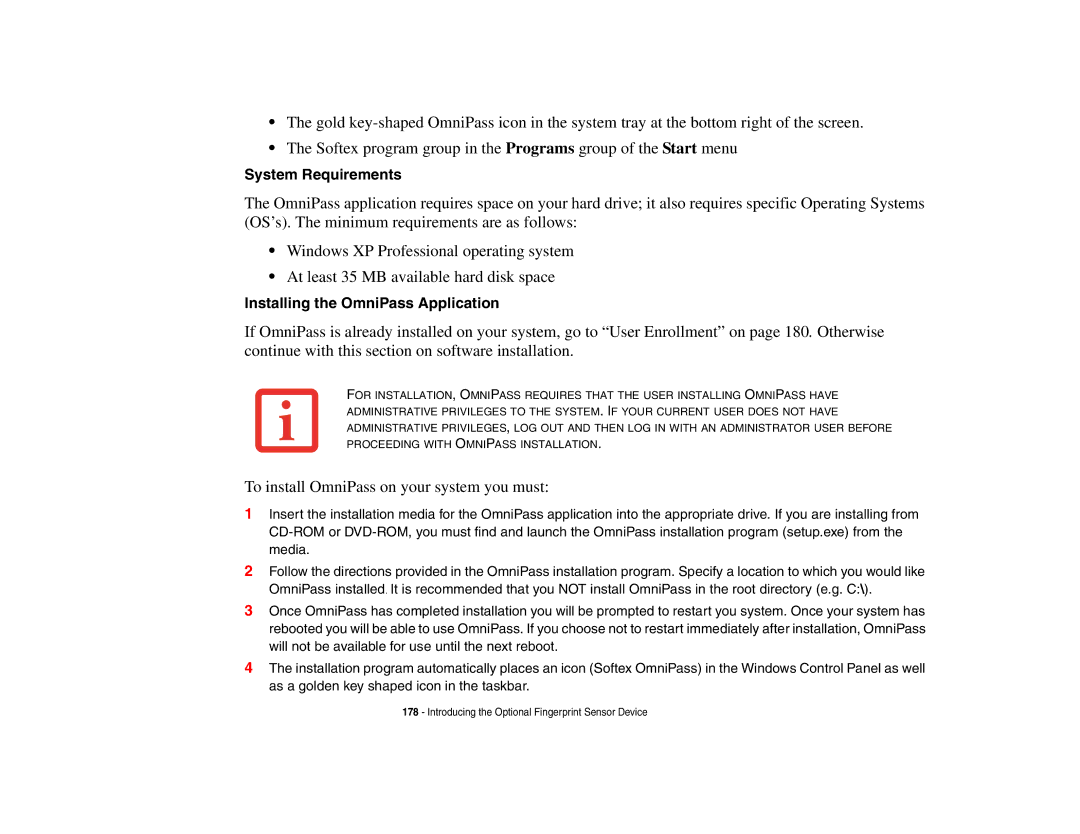 Fujitsu S6510 manual System Requirements, Installing the OmniPass Application 