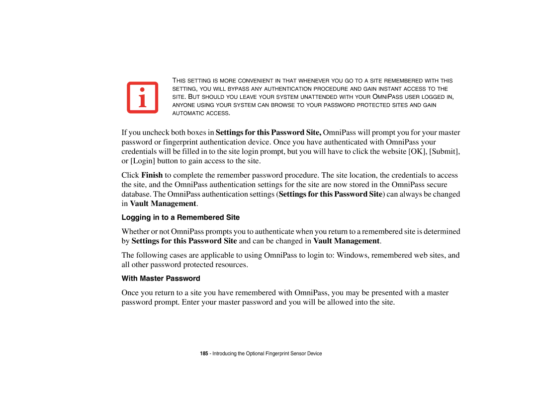 Fujitsu S6510 manual Logging in to a Remembered Site, With Master Password 