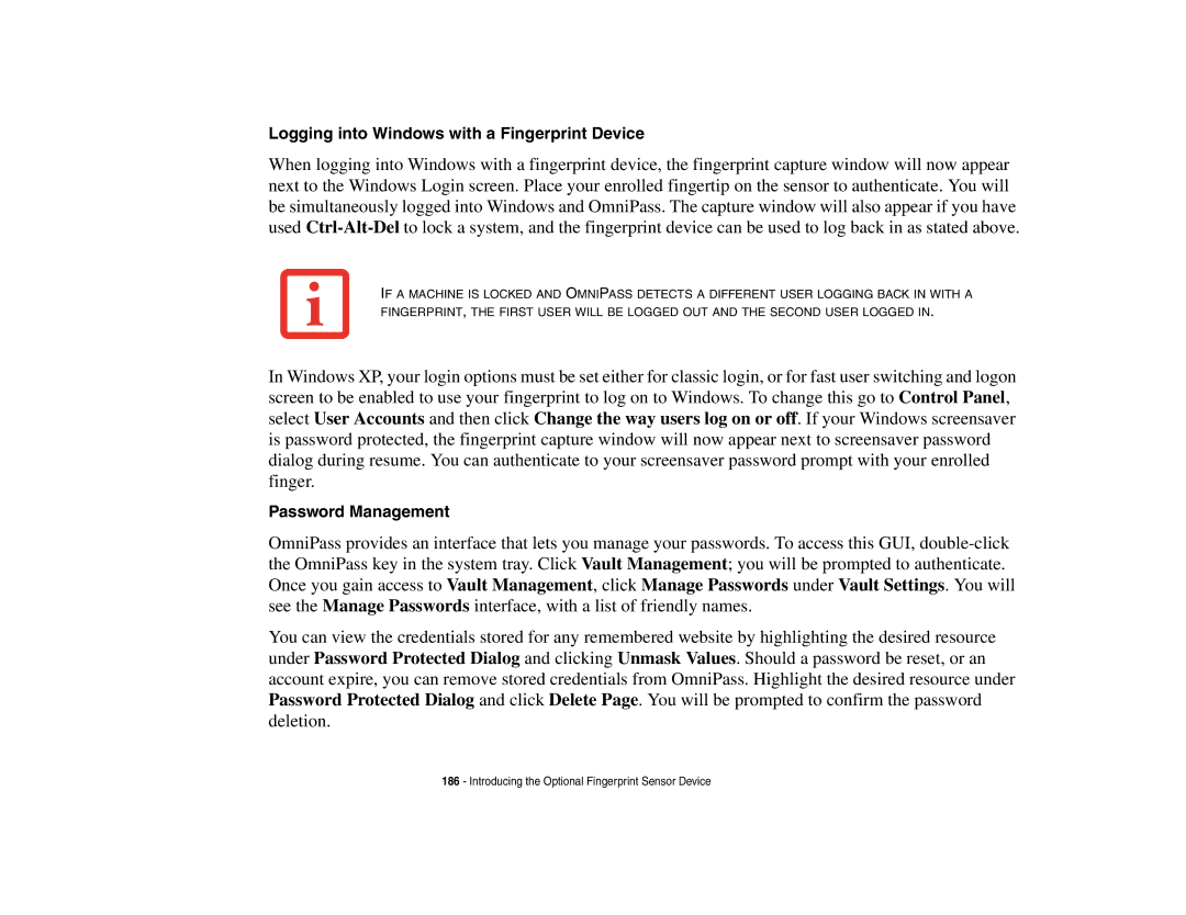 Fujitsu S6510 manual Logging into Windows with a Fingerprint Device, Password Management 