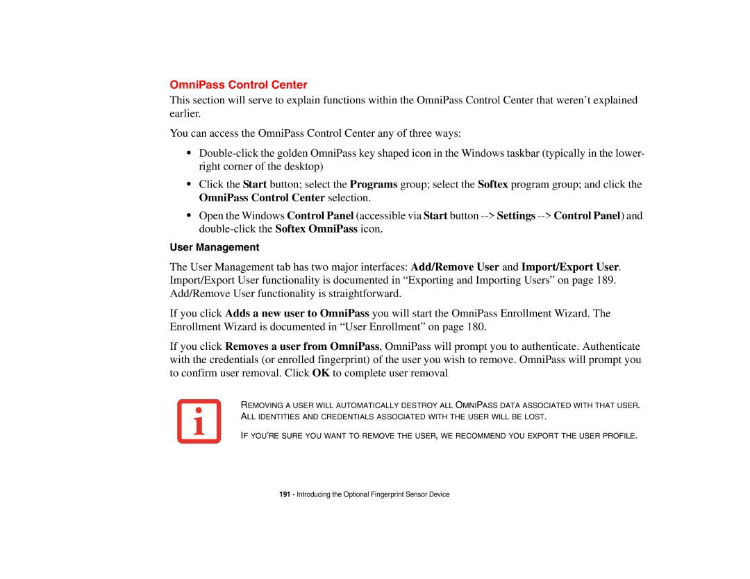 Fujitsu S6510 manual OmniPass Control Center, User Management 