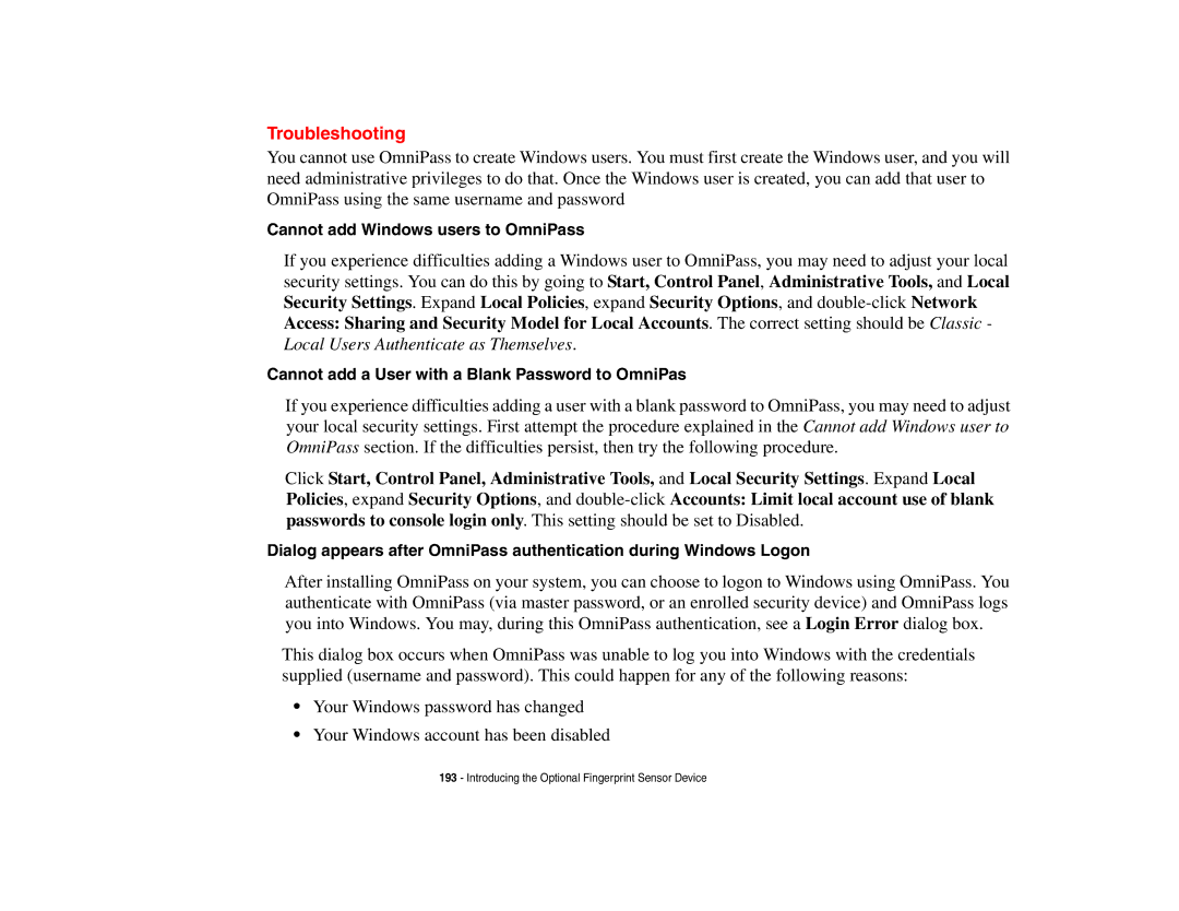 Fujitsu S6510 manual Cannot add Windows users to OmniPass, Cannot add a User with a Blank Password to OmniPas 