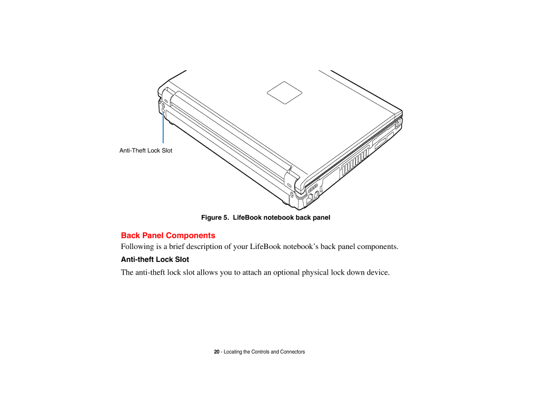 Fujitsu S6510 manual Back Panel Components, LifeBook notebook back panel 