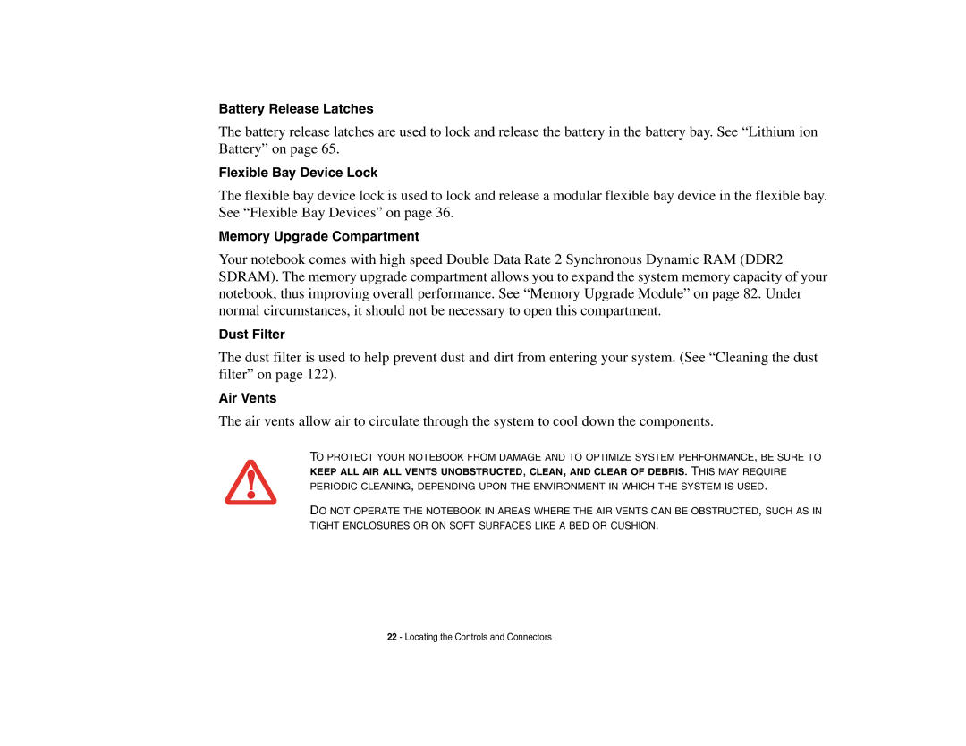 Fujitsu S6510 manual Battery Release Latches, Flexible Bay Device Lock, Memory Upgrade Compartment, Dust Filter 