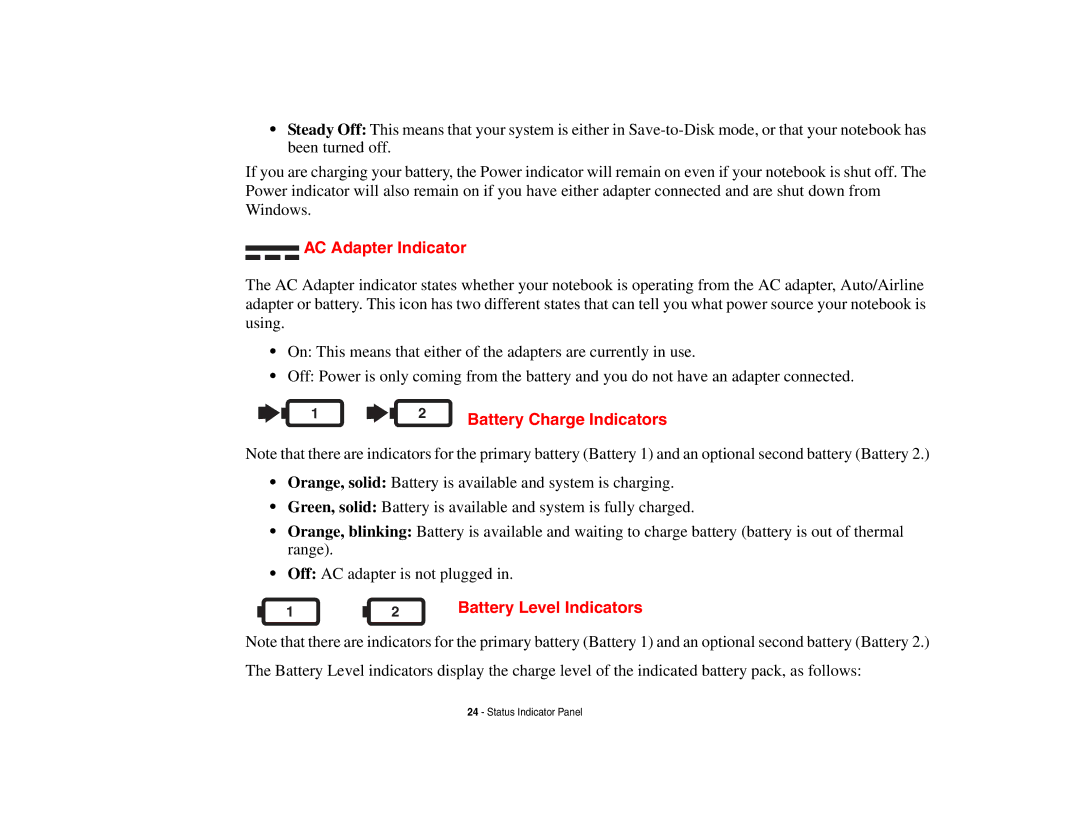 Fujitsu S6510 manual AC Adapter Indicator, Battery Charge Indicators, Battery Level Indicators 