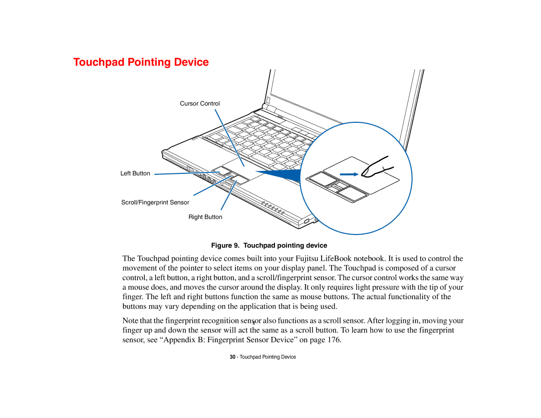 Fujitsu S6510 manual Touchpad Pointing Device, Touchpad pointing device 