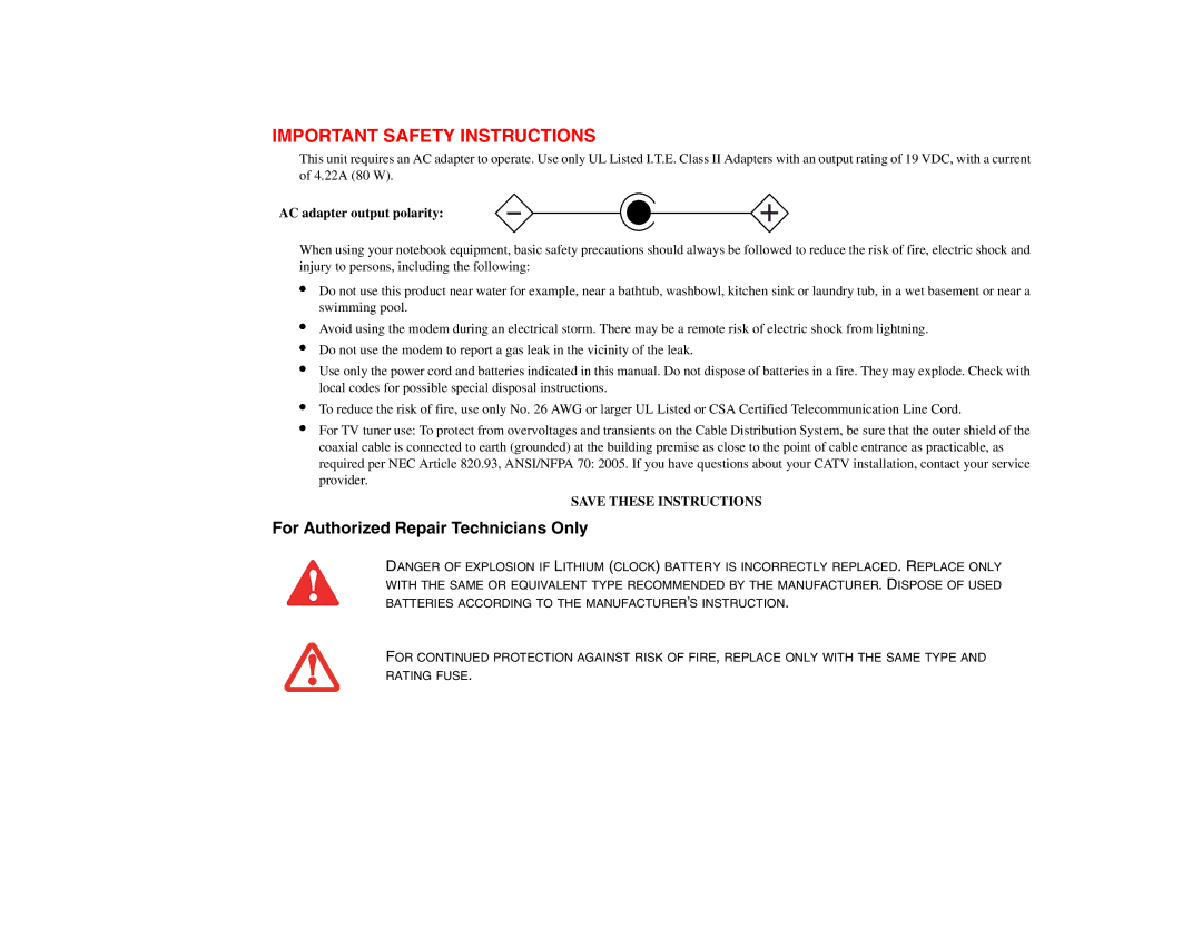 Fujitsu S6510 manual Important Safety Instructions, For Authorized Repair Technicians Only 