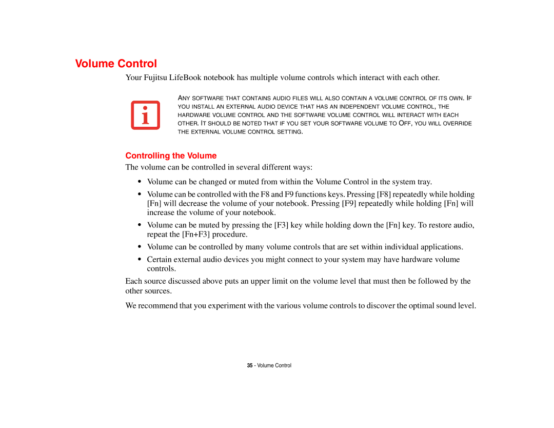 Fujitsu S6510 manual Volume Control, Controlling the Volume 