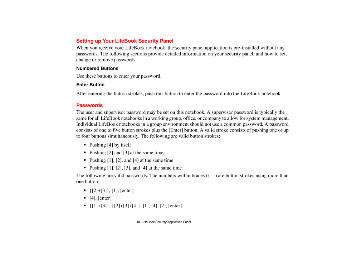 Fujitsu S6510 manual Setting up Your LifeBook Security Panel, Passwords, Numbered Buttons, Enter Button 