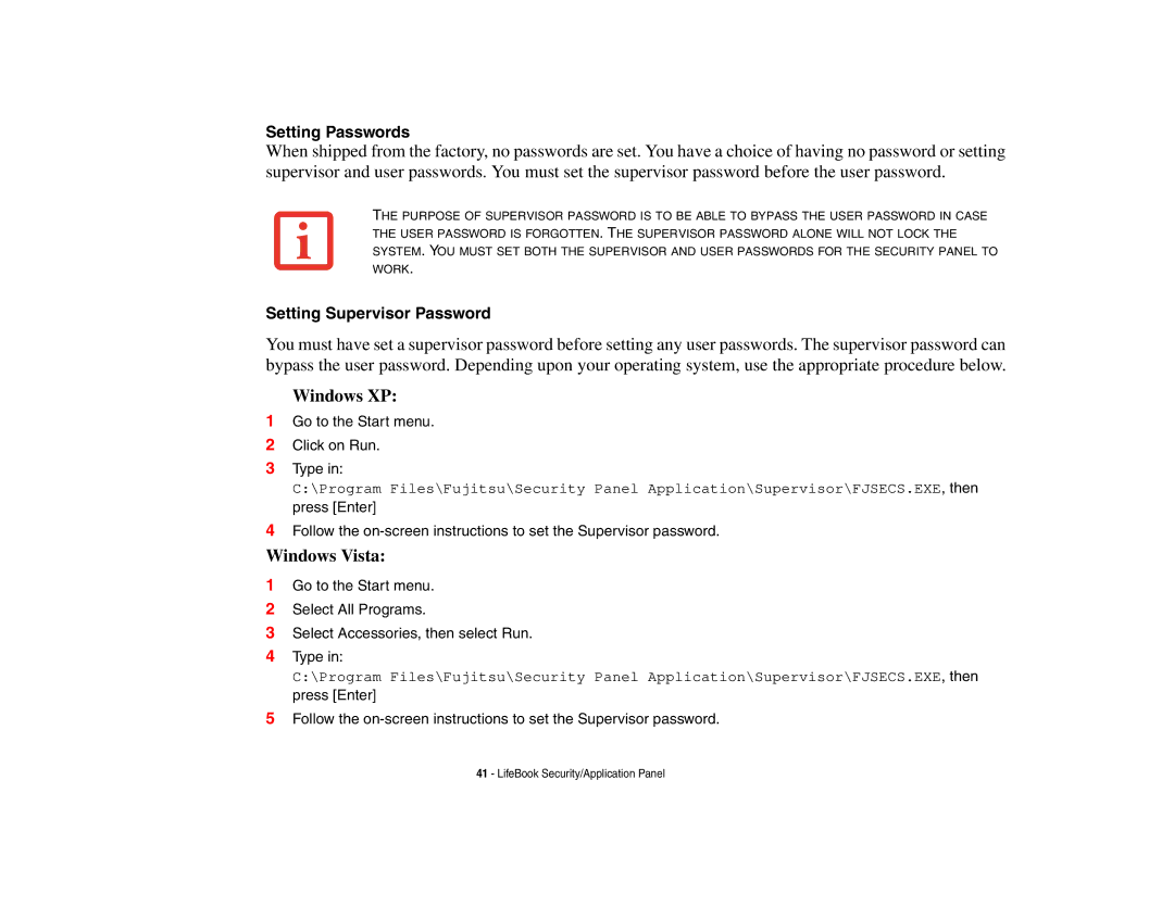 Fujitsu S6510 manual Setting Passwords, Setting Supervisor Password 