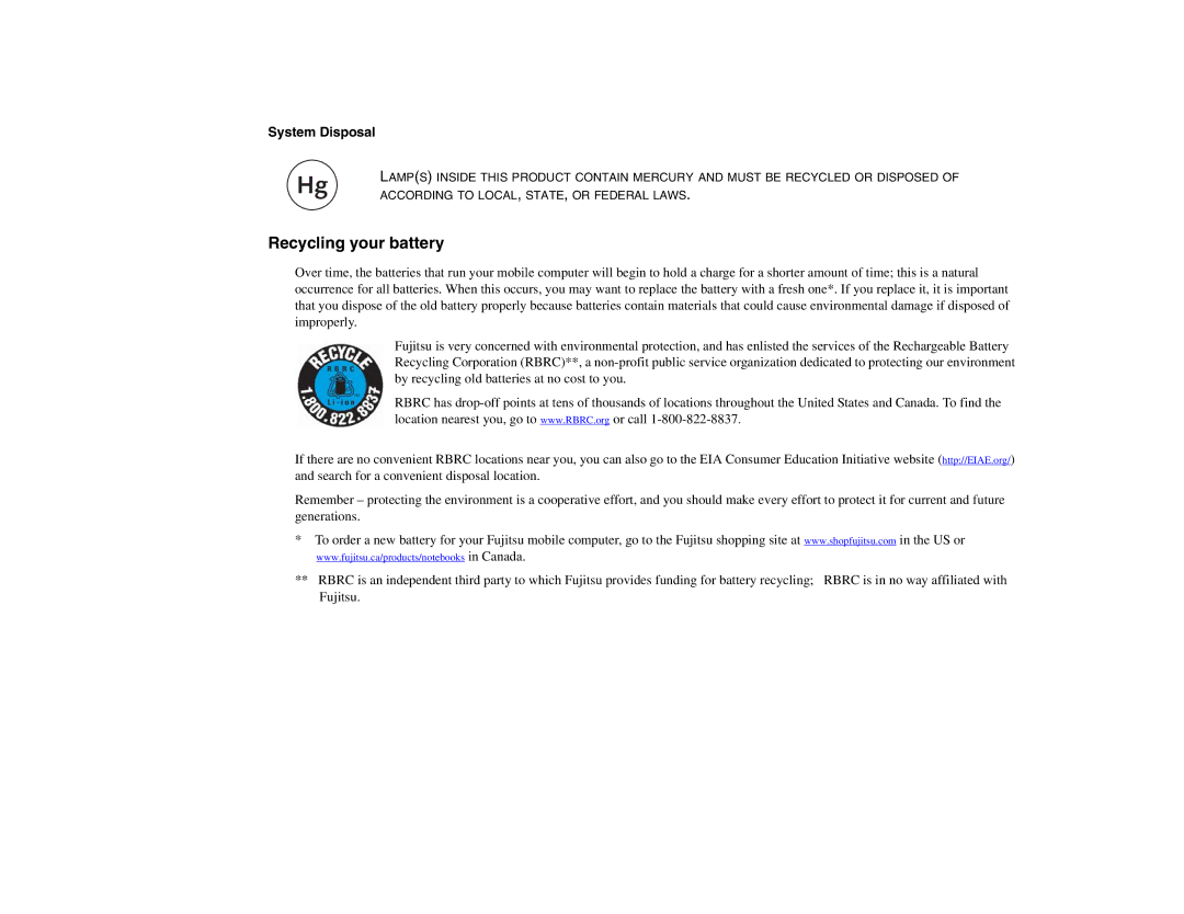 Fujitsu S6510 manual Recycling your battery, System Disposal 