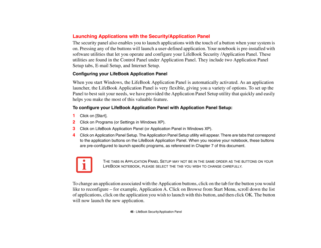 Fujitsu S6510 Launching Applications with the Security/Application Panel, Configuring your LifeBook Application Panel 
