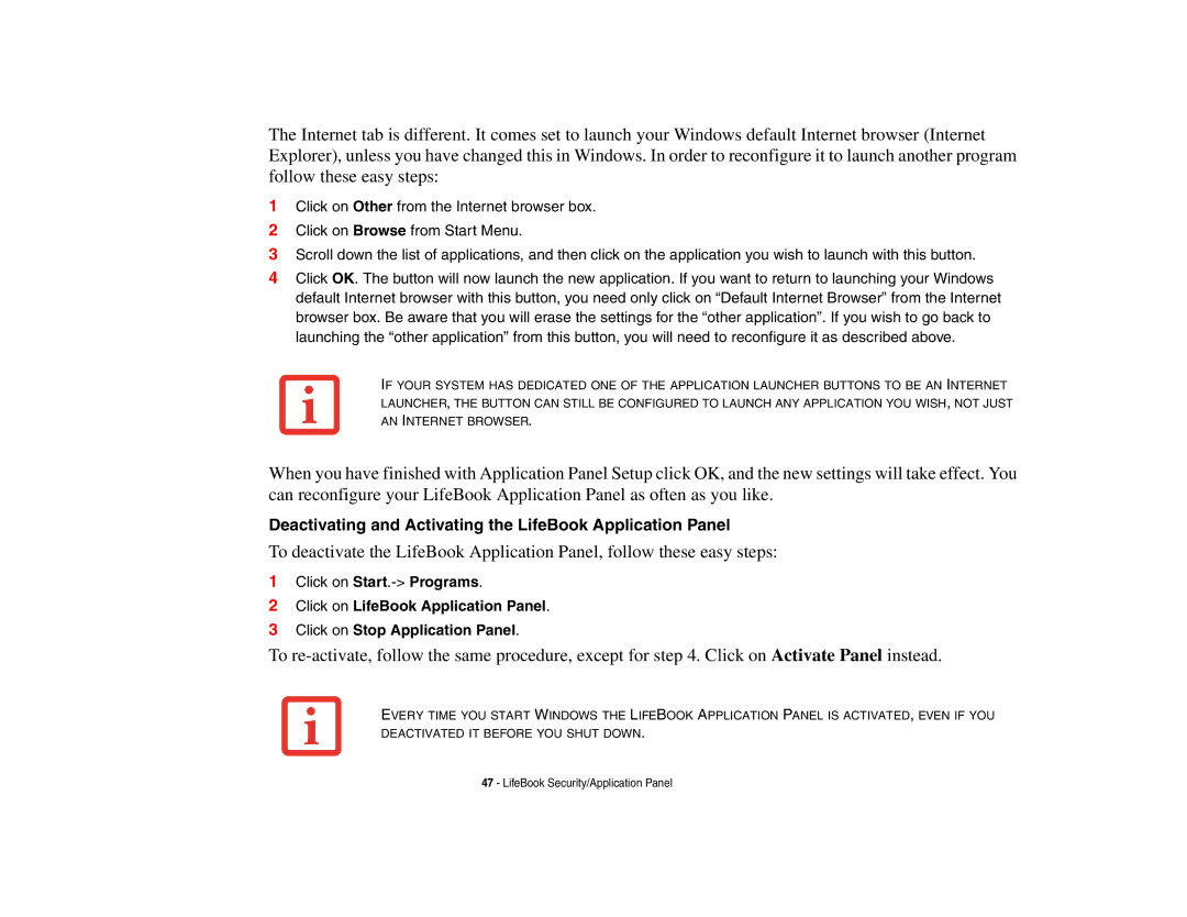 Fujitsu S6510 manual Deactivating and Activating the LifeBook Application Panel 