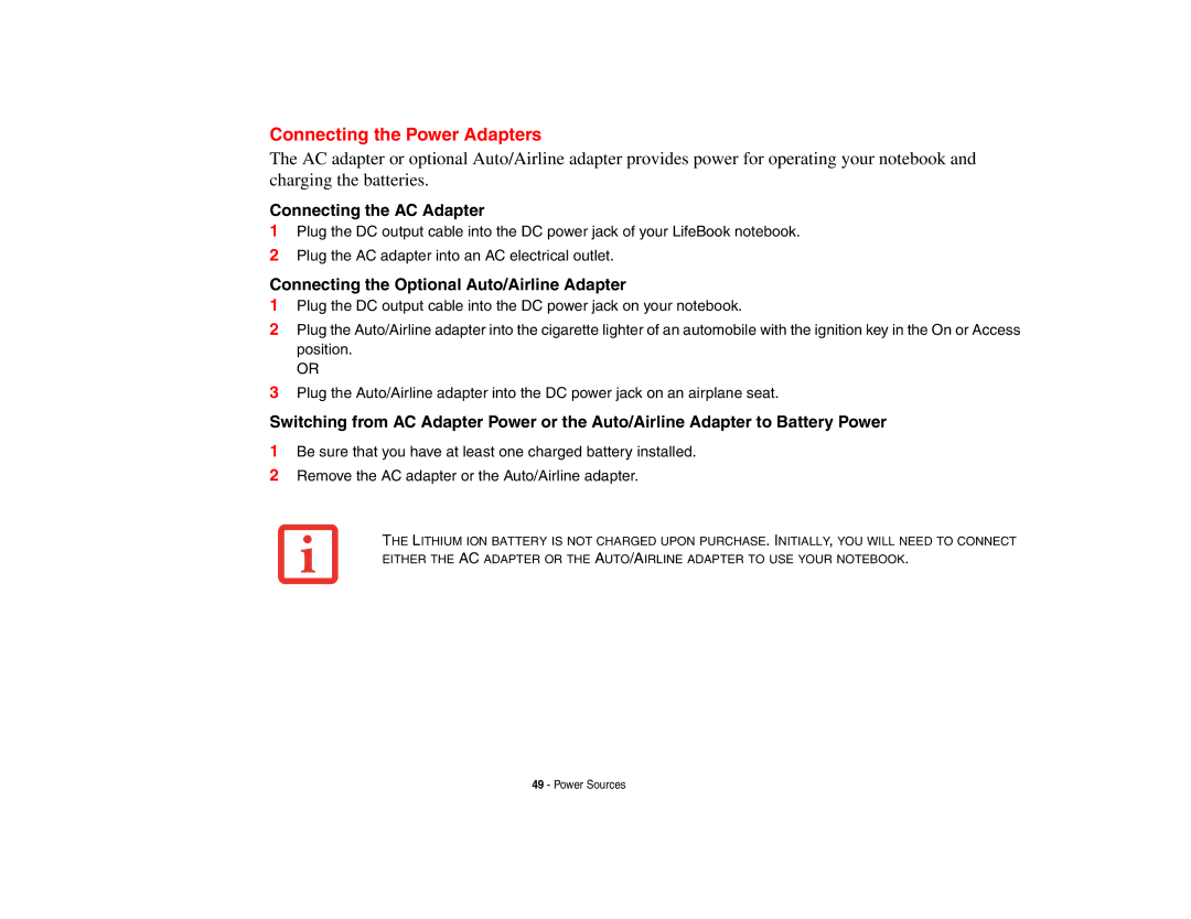 Fujitsu S6510 manual Connecting the Power Adapters, Connecting the AC Adapter, Connecting the Optional Auto/Airline Adapter 