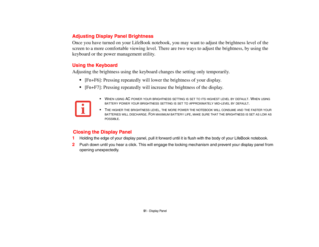 Fujitsu S6510 manual Adjusting Display Panel Brightness, Closing the Display Panel 