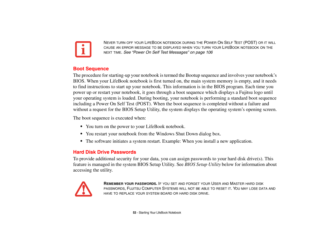 Fujitsu S6510 manual Boot Sequence, Hard Disk Drive Passwords 