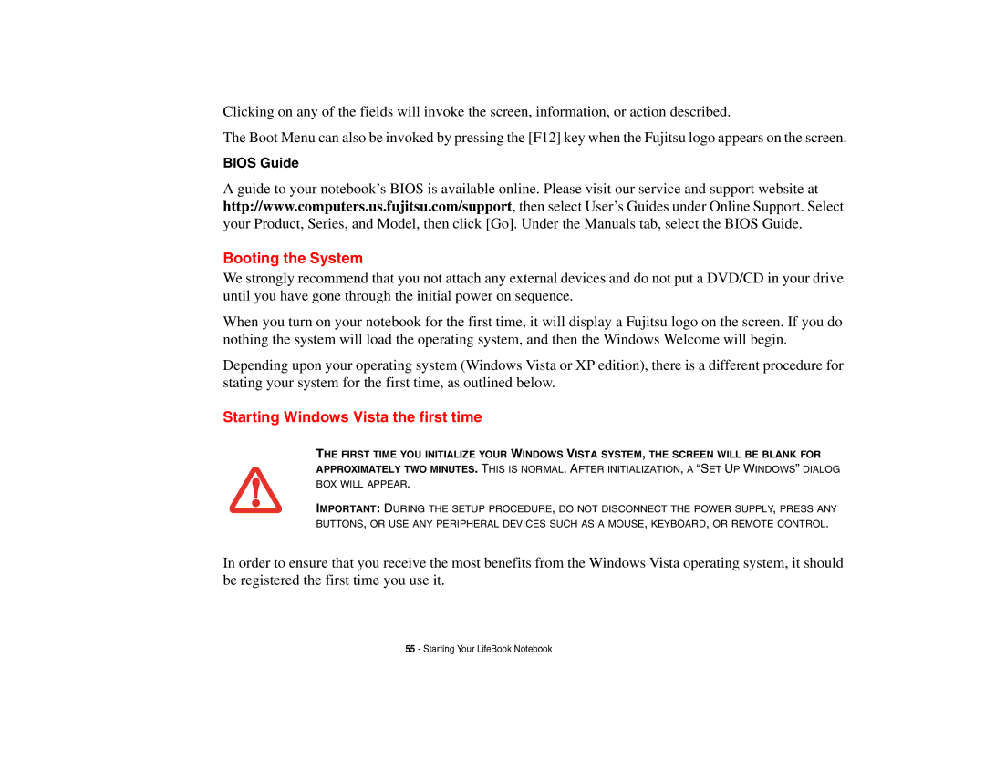 Fujitsu S6510 manual Booting the System, Starting Windows Vista the first time, Bios Guide 