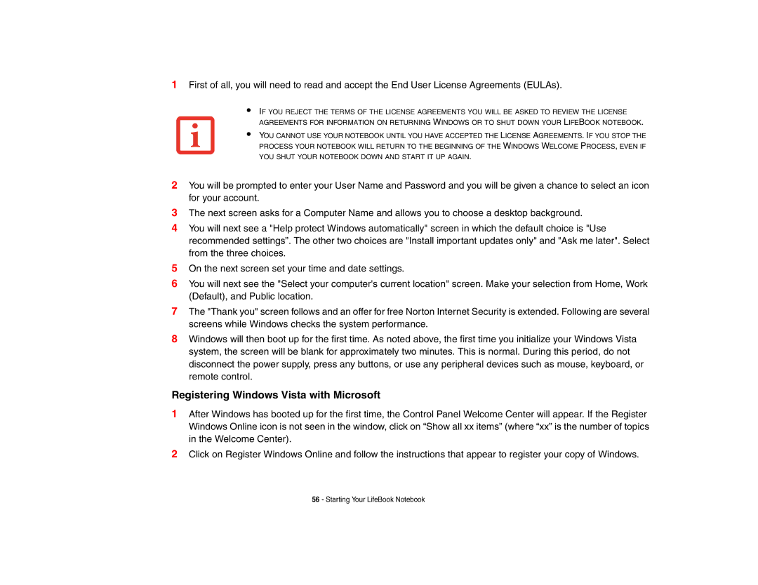 Fujitsu S6510 manual Registering Windows Vista with Microsoft 