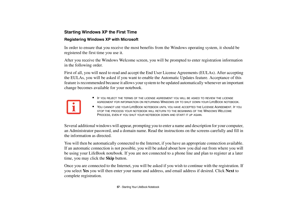 Fujitsu S6510 manual Starting Windows XP the First Time, Registering Windows XP with Microsoft 