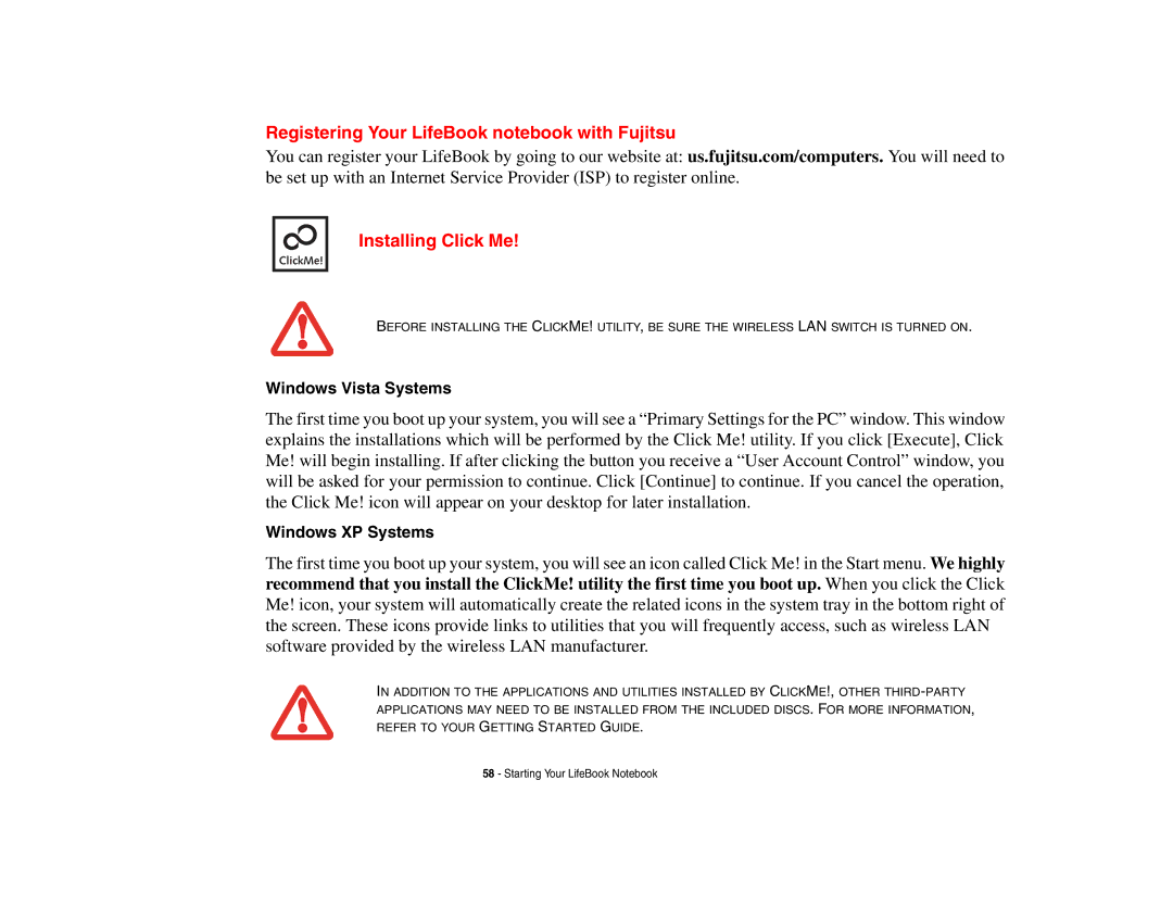 Fujitsu S6510 manual Registering Your LifeBook notebook with Fujitsu, Installing Click Me, Windows Vista Systems 