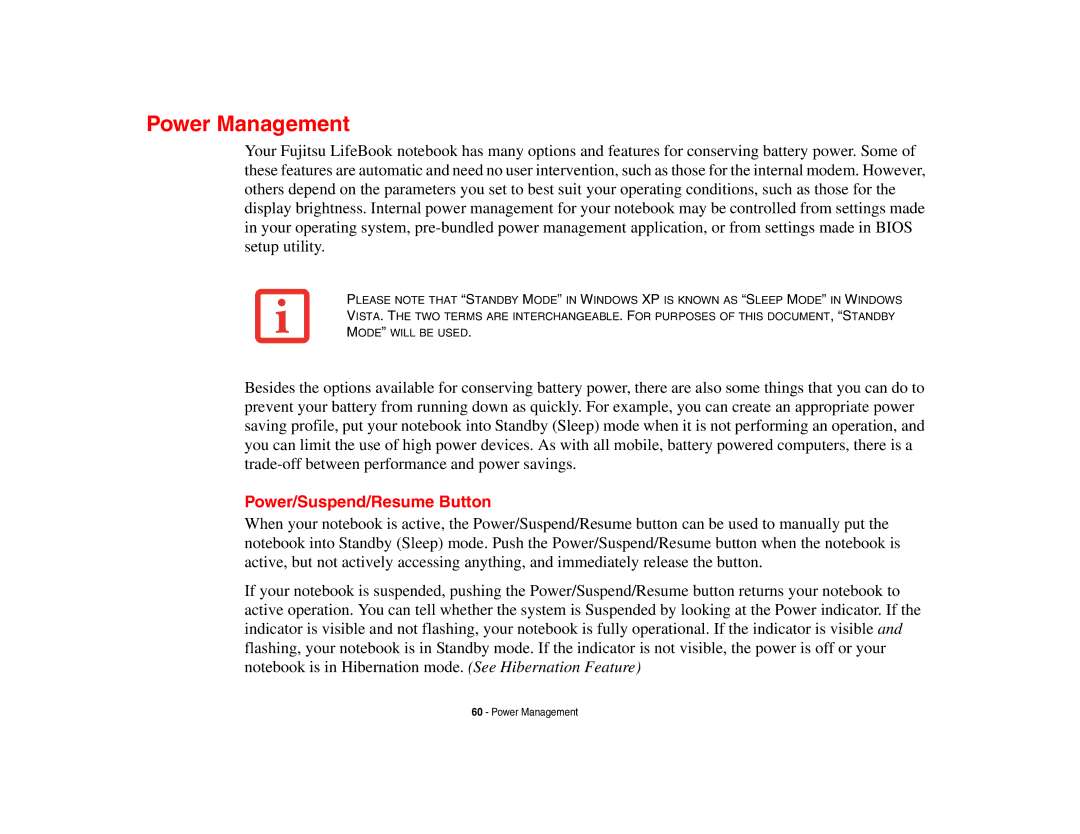 Fujitsu S6510 manual Power Management, Power/Suspend/Resume Button 