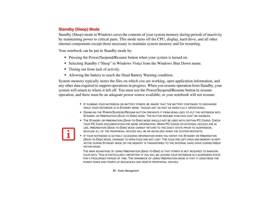 Fujitsu S6510 manual Standby Sleep Mode 