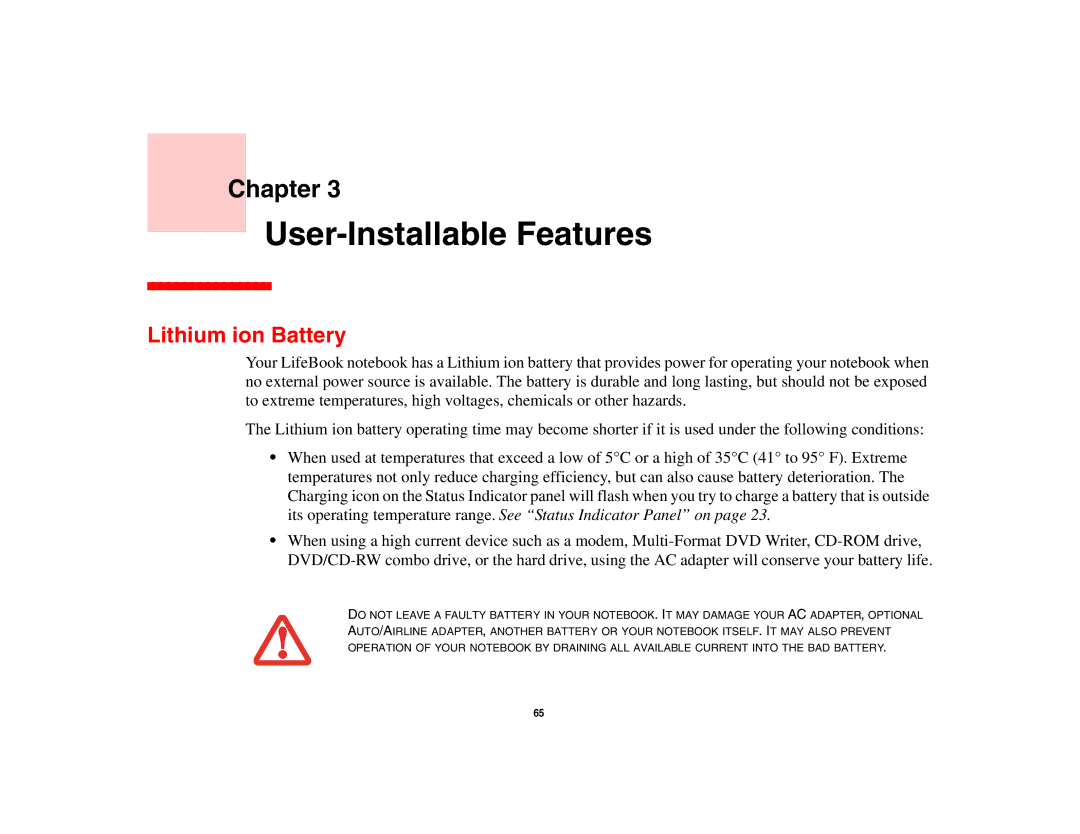 Fujitsu S6510 manual User-Installable Features, Lithium ion Battery 