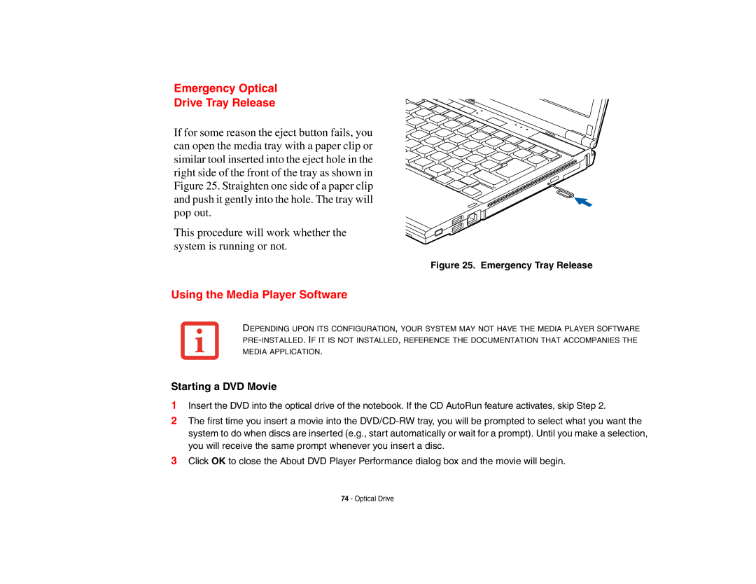 Fujitsu S6510 manual Emergency Optical Drive Tray Release, Using the Media Player Software, Starting a DVD Movie 