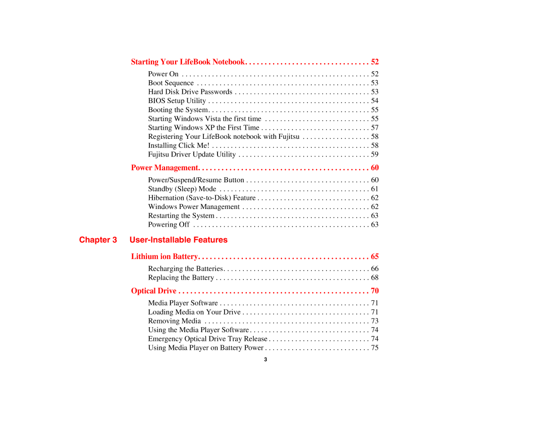 Fujitsu S6510 manual User-Installable Features, Starting Your LifeBook Notebook 