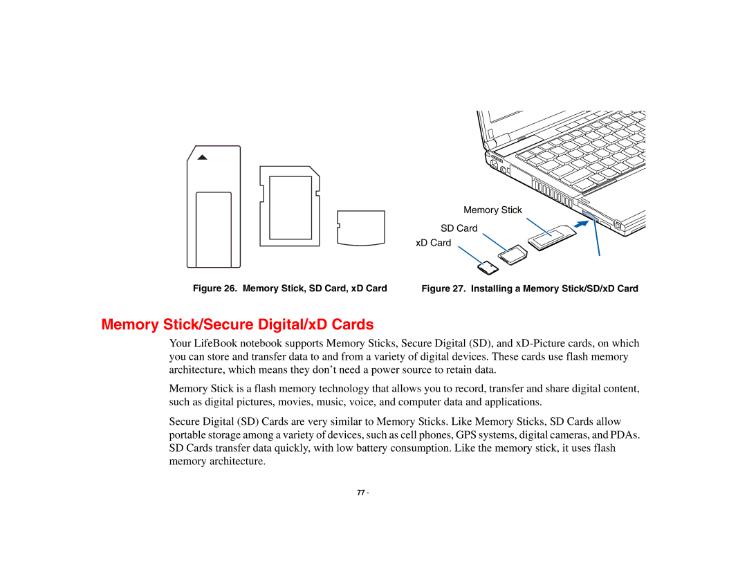 Fujitsu S6510 manual Memory Stick/Secure Digital/xD Cards, Memory Stick, SD Card, xD Card 