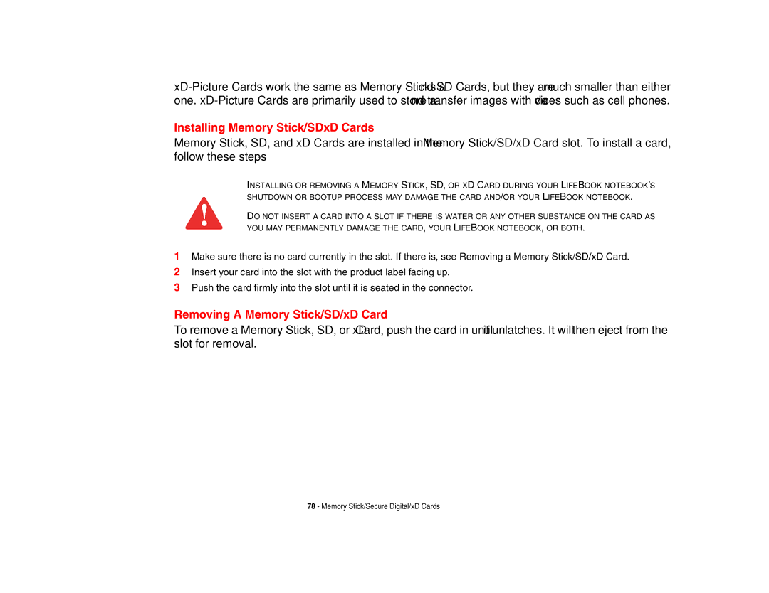 Fujitsu S6510 manual Installing Memory Stick/SDxD Cards, Removing a Memory Stick/SD/xD Card 