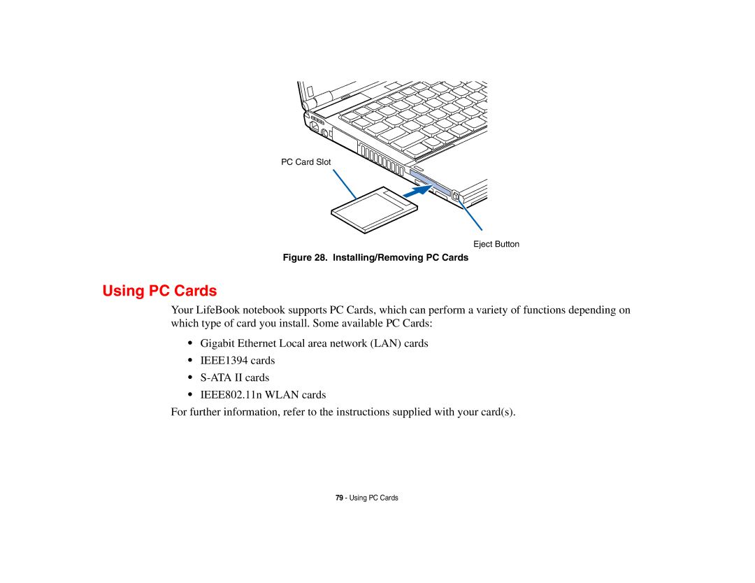 Fujitsu S6510 manual Using PC Cards, Installing/Removing PC Cards 