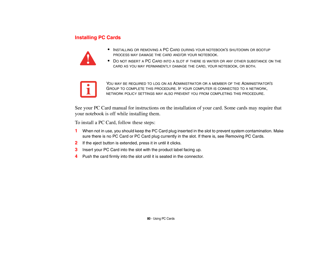 Fujitsu S6510 manual Installing PC Cards 