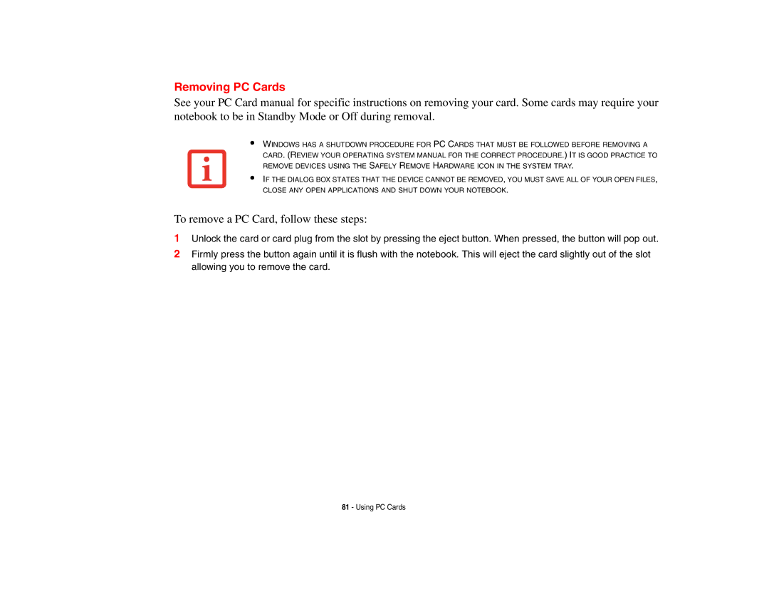 Fujitsu S6510 manual Removing PC Cards, To remove a PC Card, follow these steps 