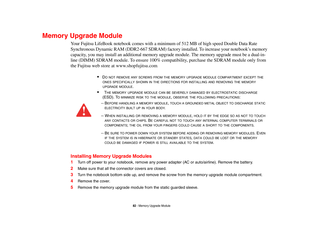 Fujitsu S6510 manual Installing Memory Upgrade Modules 