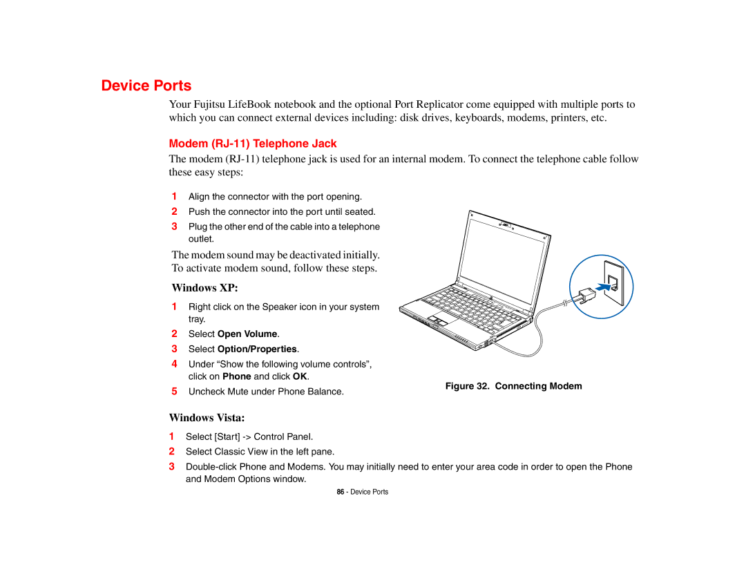 Fujitsu S6510 manual Device Ports, Modem RJ-11 Telephone Jack 