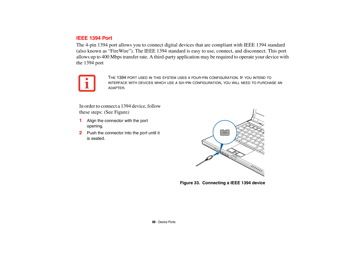 Fujitsu S6510 manual Ieee 1394 Port, Connecting a Ieee 1394 device 