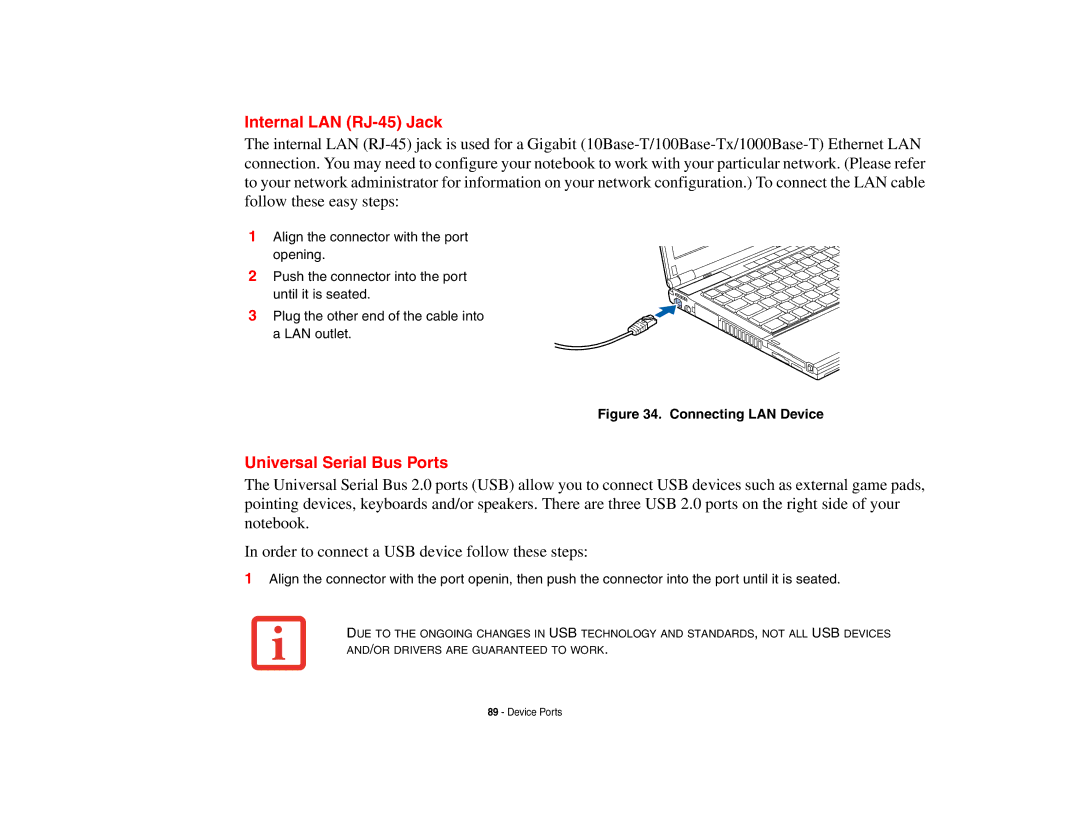 Fujitsu S6510 manual Internal LAN RJ-45 Jack, Universal Serial Bus Ports 