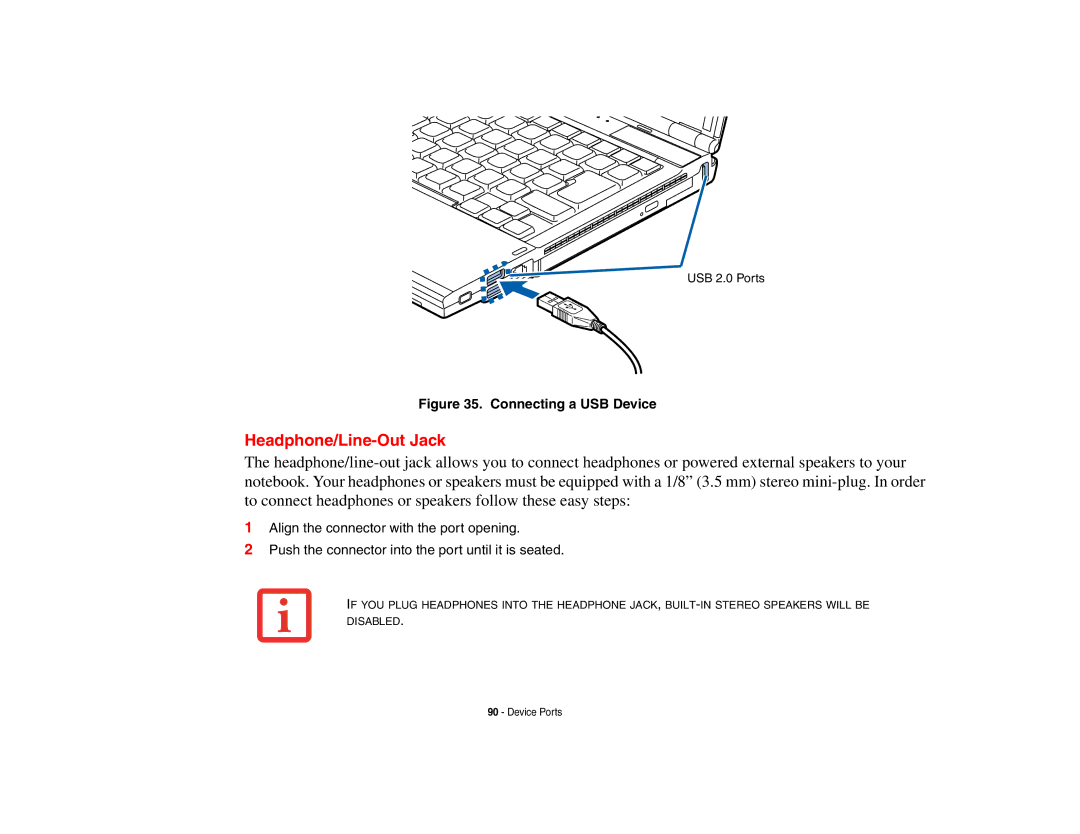 Fujitsu S6510 manual Headphone/Line-Out Jack, Connecting a USB Device 