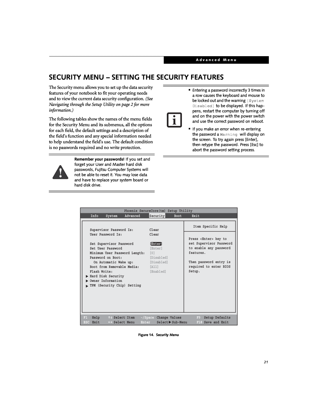Fujitsu S6520 manual Security Menu - Setting The Security Features 